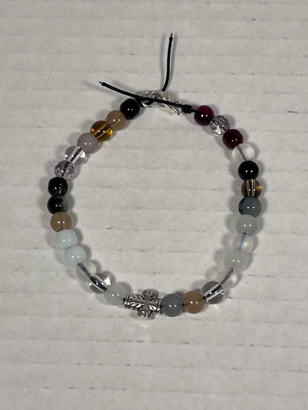Mini Silver Cross Black/Brown/White Glass Bead Bracelet ~7.50 inches